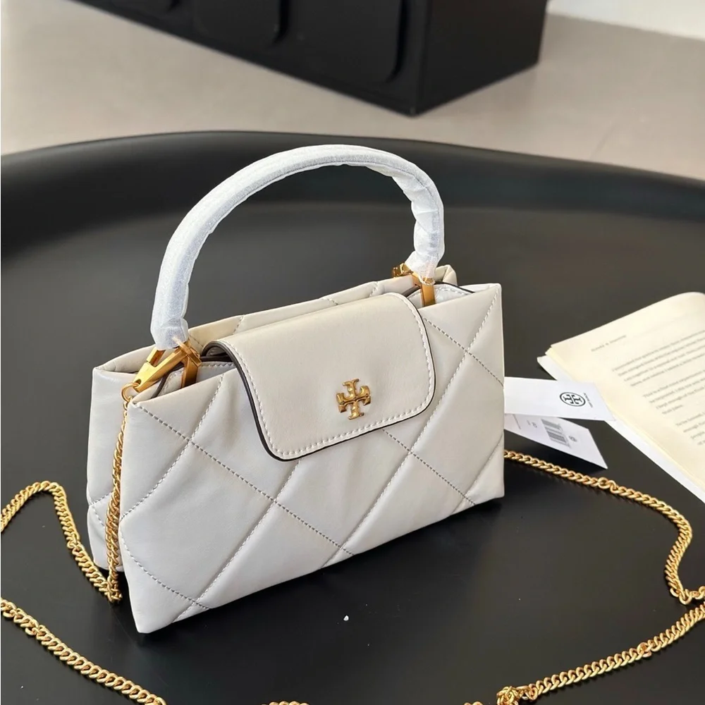 Tory Burch Quilted Mini Top-Handle Satchel in Cream with Gold Hardware